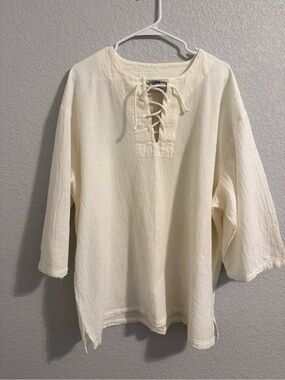 Cottonseed 100% Cotton Off-White Woven Lace-Up Collared 3/4 Sleeve Shirt 2XL